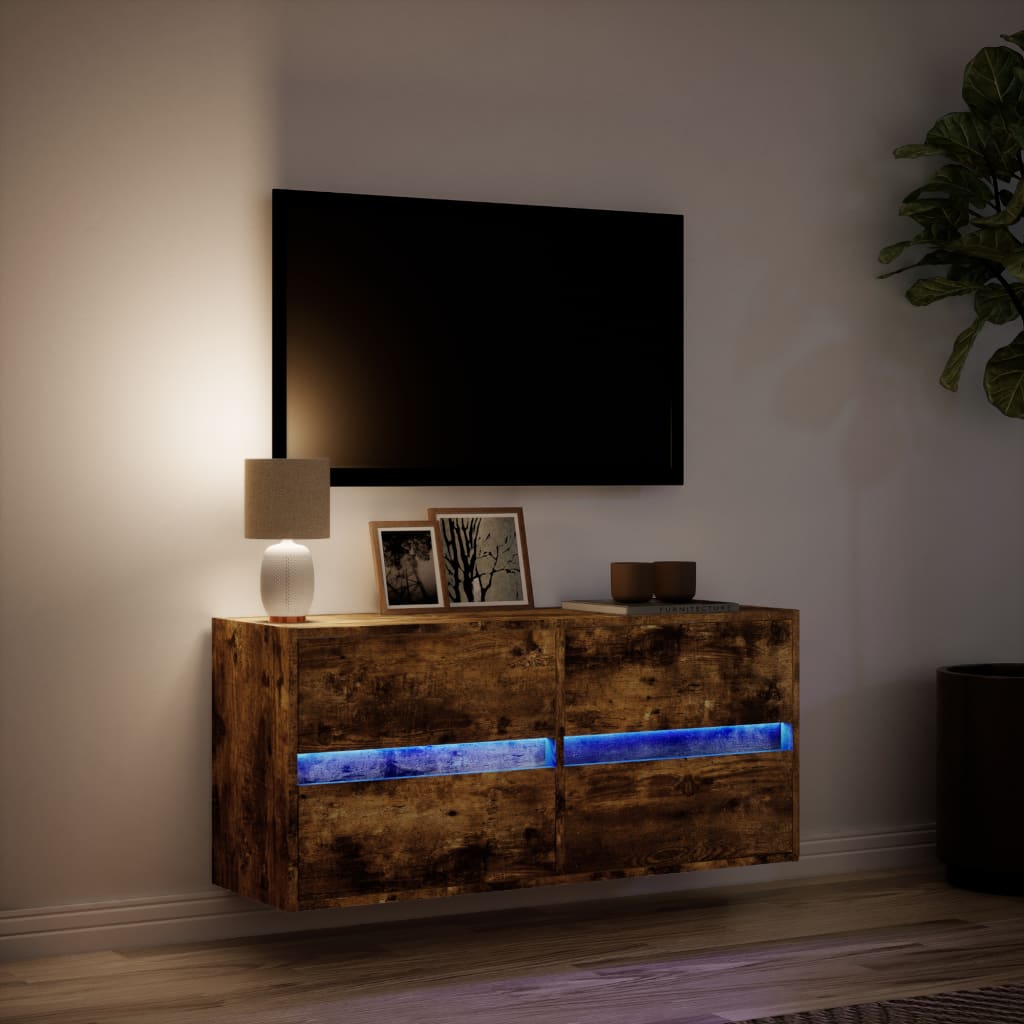 TV-benk Vegghengt med LED røkt eik 100x31x45 cm