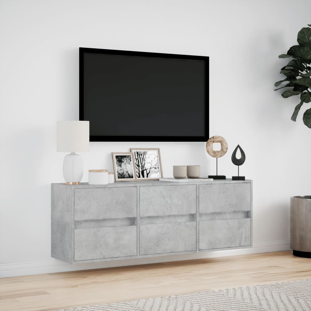 TV-benk Vegghengt med LED-lys betonggrå 130x31x45 cm