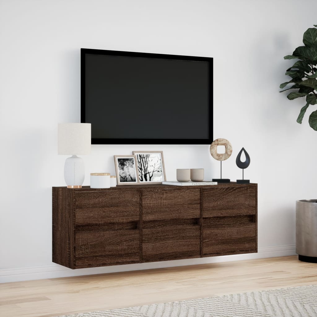 TV-benk Vegghengt med LED brun eik 130x31x45 cm