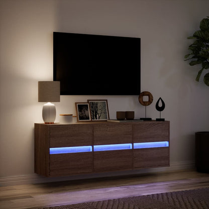 TV-benk Vegghengt med LED brun eik 130x31x45 cm