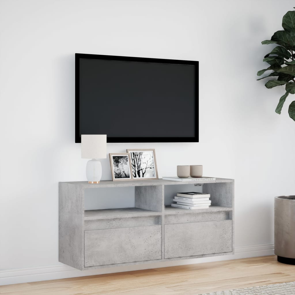 TV-benk Vegghengt med LED-lys betonggrå 100x31x45 cm