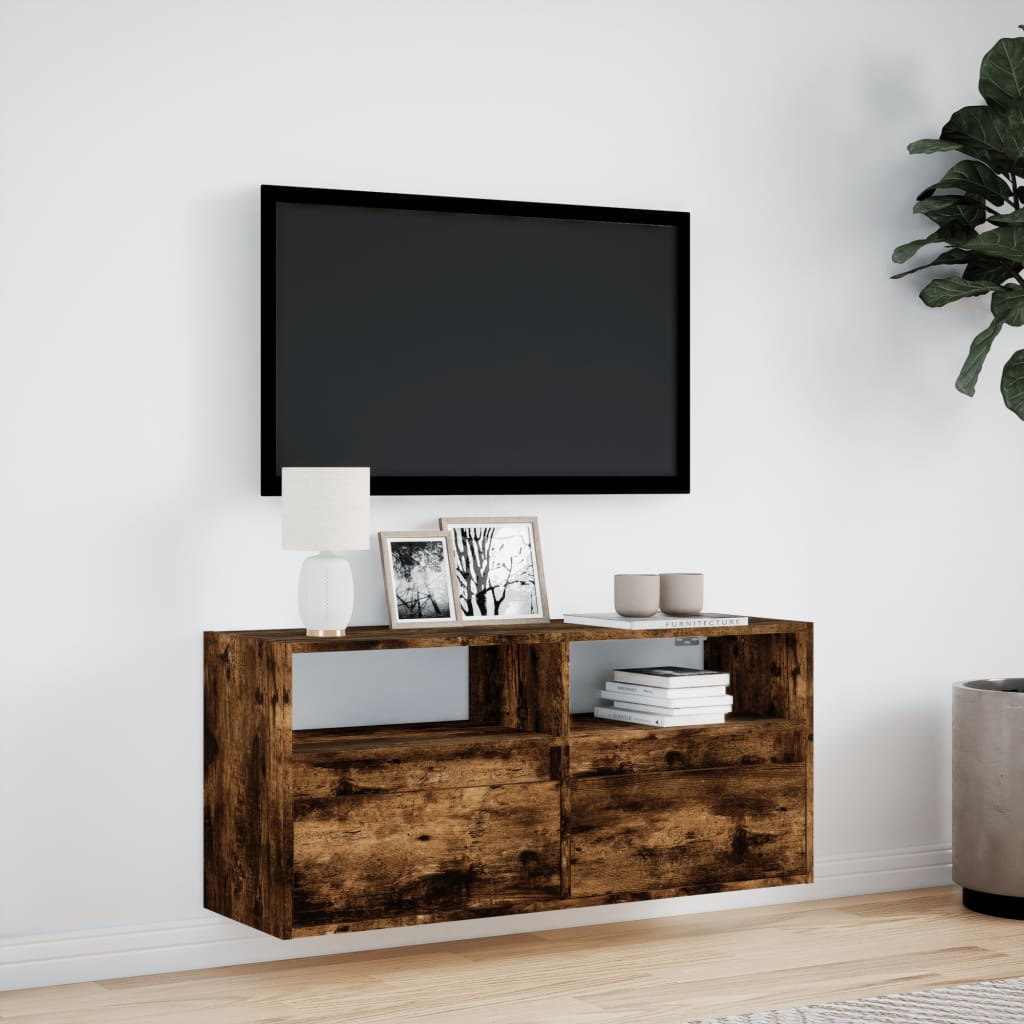 TV-benk Vegghengt med LED røkt eik 100x31x45 cm