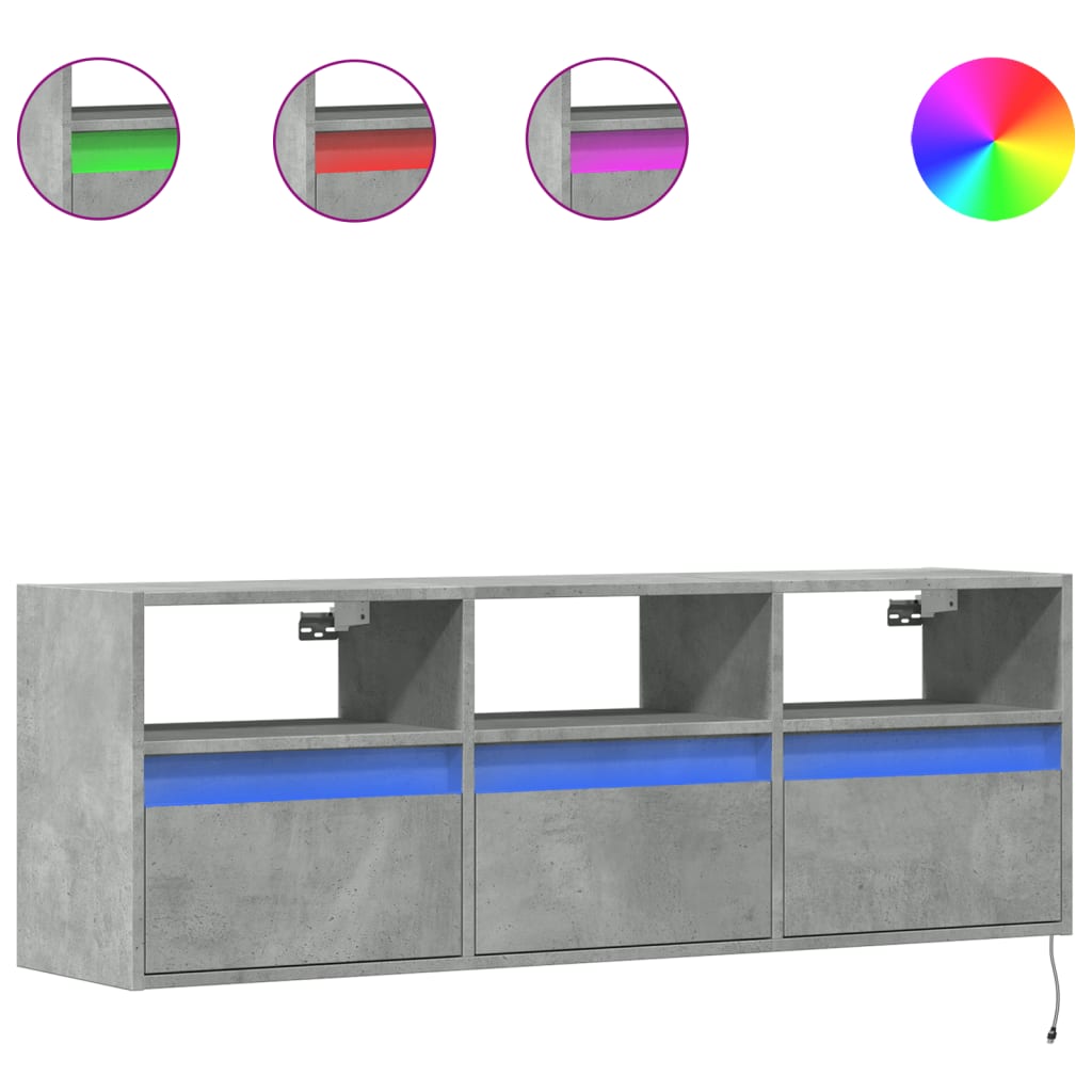 TV-benk Vegghengt med LED-lys betonggrå 130x31x45 cm