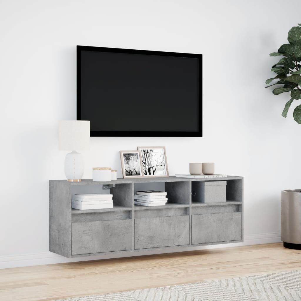 TV-benk Vegghengt med LED-lys betonggrå 130x31x45 cm