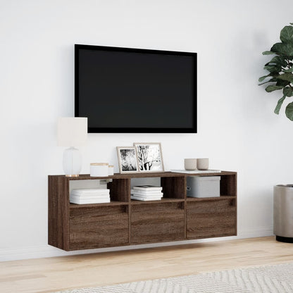 TV-benk Vegghengt med LED brun eik 130x31x45 cm