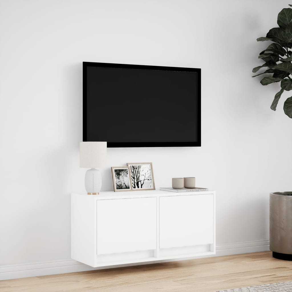 TV-benk Vegghengt med LED hvit 80x31x35 cm