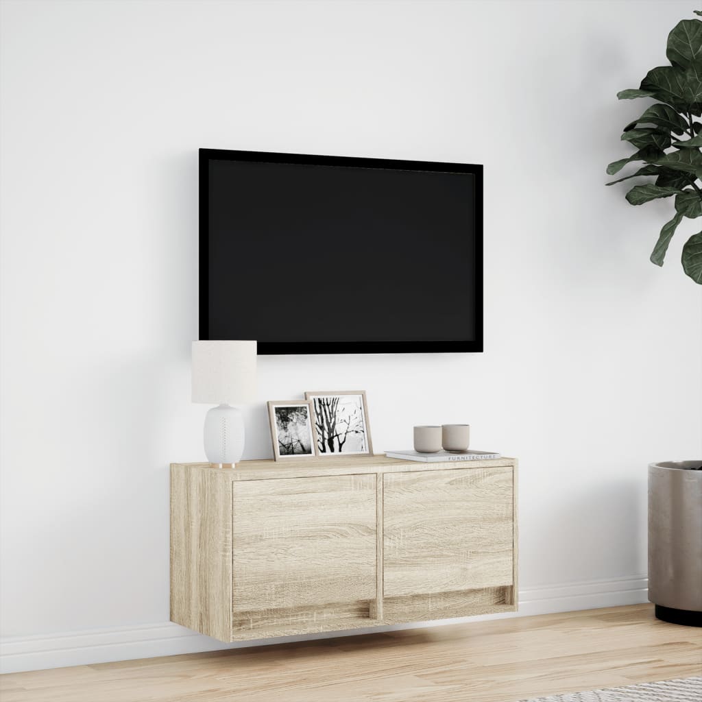 TV-benk Vegghengt med LED sonoma eik 80x31x35 cm