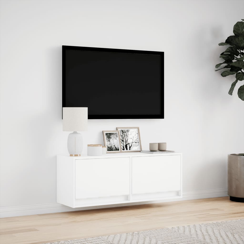 TV-benk Vegghengt med LED hvit 100x31x35 cm