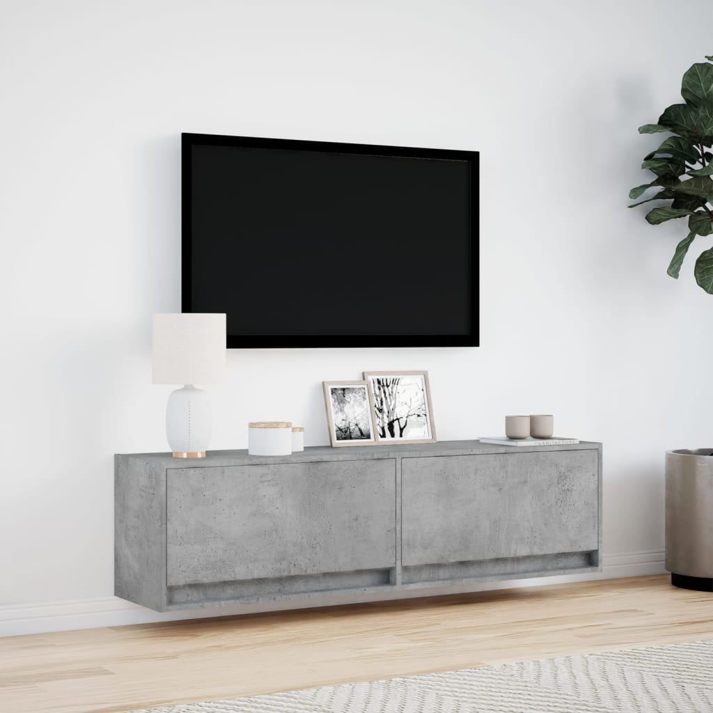 TV-benk Vegghengt med LED-lys betonggrå 140x31x38 cm