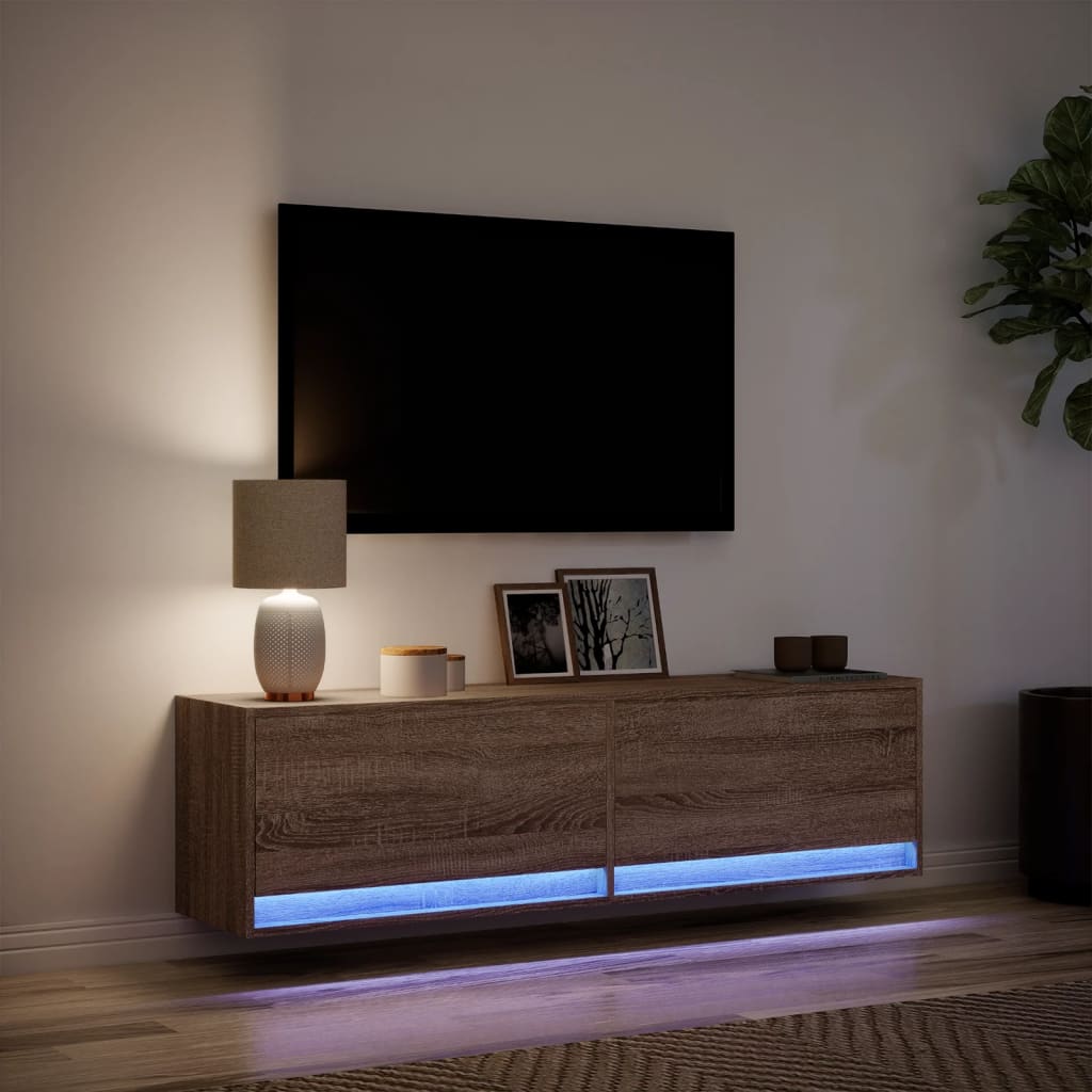 TV-benk Vegghengt med LED brun eik 140x31x38 cm