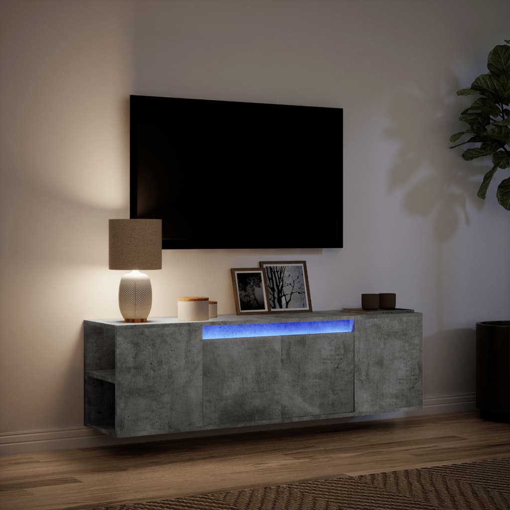 TV-benk Vegghengt med LED-lys betonggrå 135x31x39,5 cm