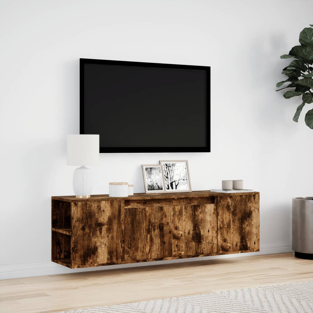 TV-benk Vegghengt med LED røkt eik 135x31x39,5 cm