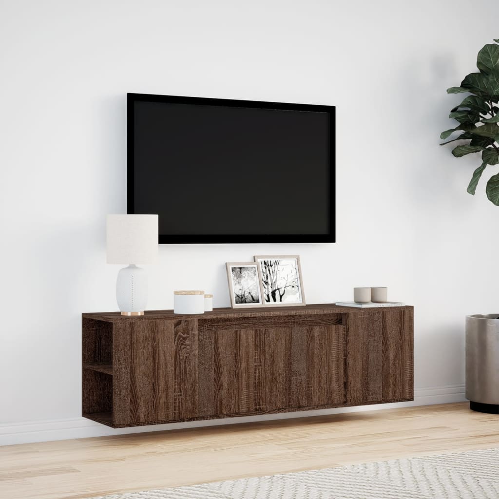 TV-benk Vegghengt med LED brun eik 135x31x39,5 cm