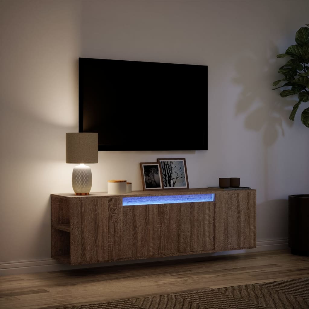 TV-benk Vegghengt med LED brun eik 135x31x39,5 cm