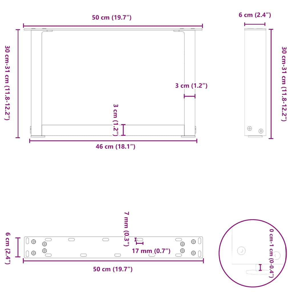 Salongbordben U-formet 2 stk svart 50x(30-31) cm stål