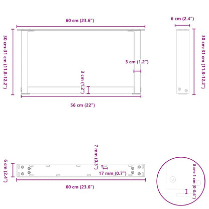 Salongbordben U-formet 2 stk svart 60x(30-31) cm stål