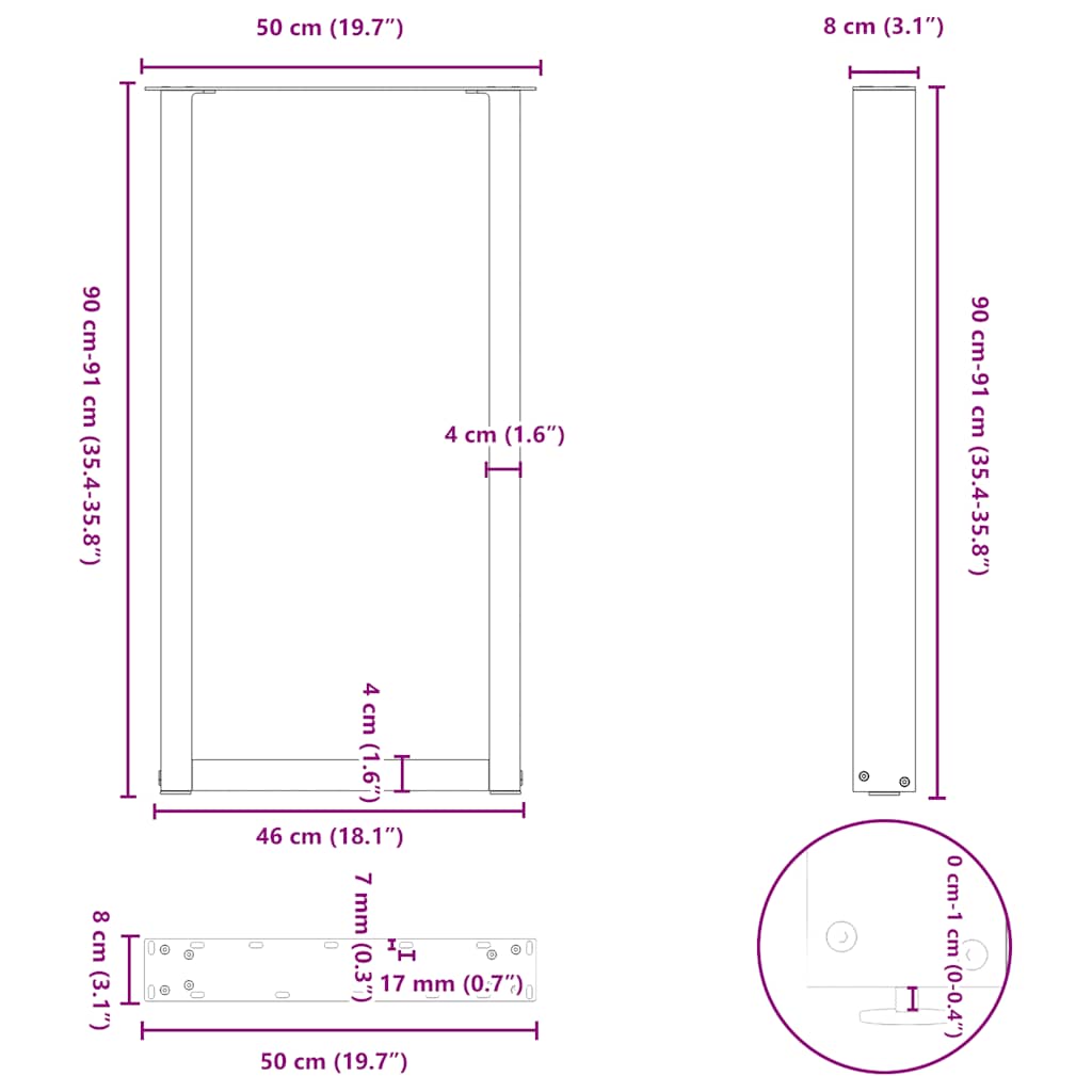 Salongbordben U-formet 2 stk svart 50x(90-91) cm stål