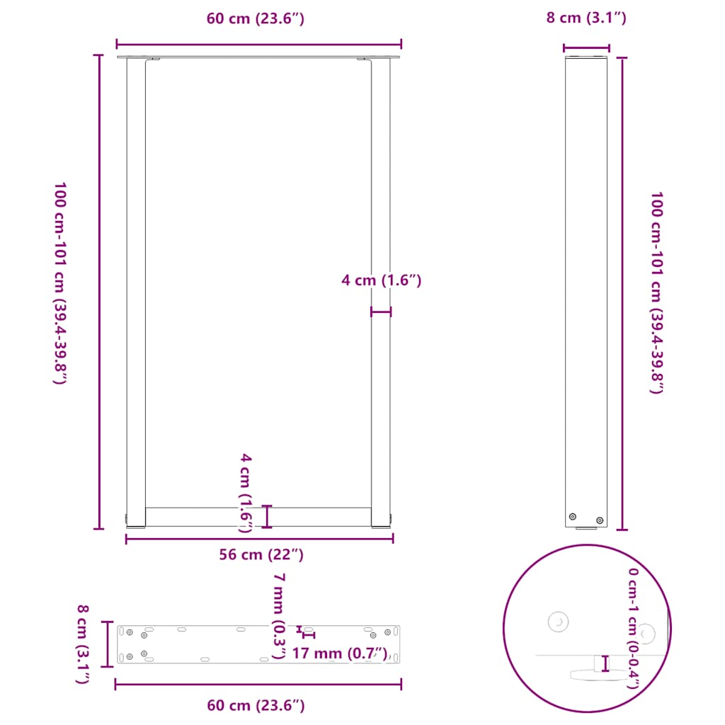 Salongbordben U-formet 2 stk svart 60x(100-101) cm stål