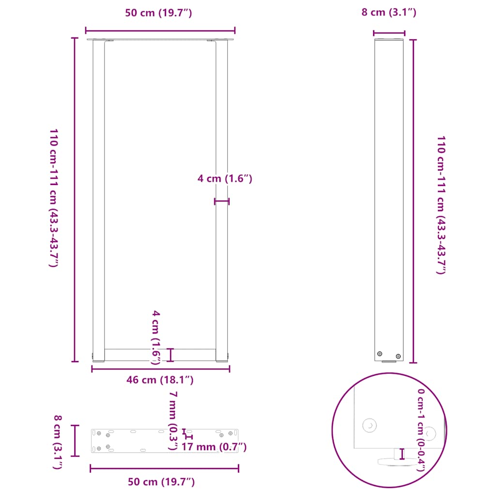 Salongbordben U-formet 2 stk svart 50x(110-111) cm stål