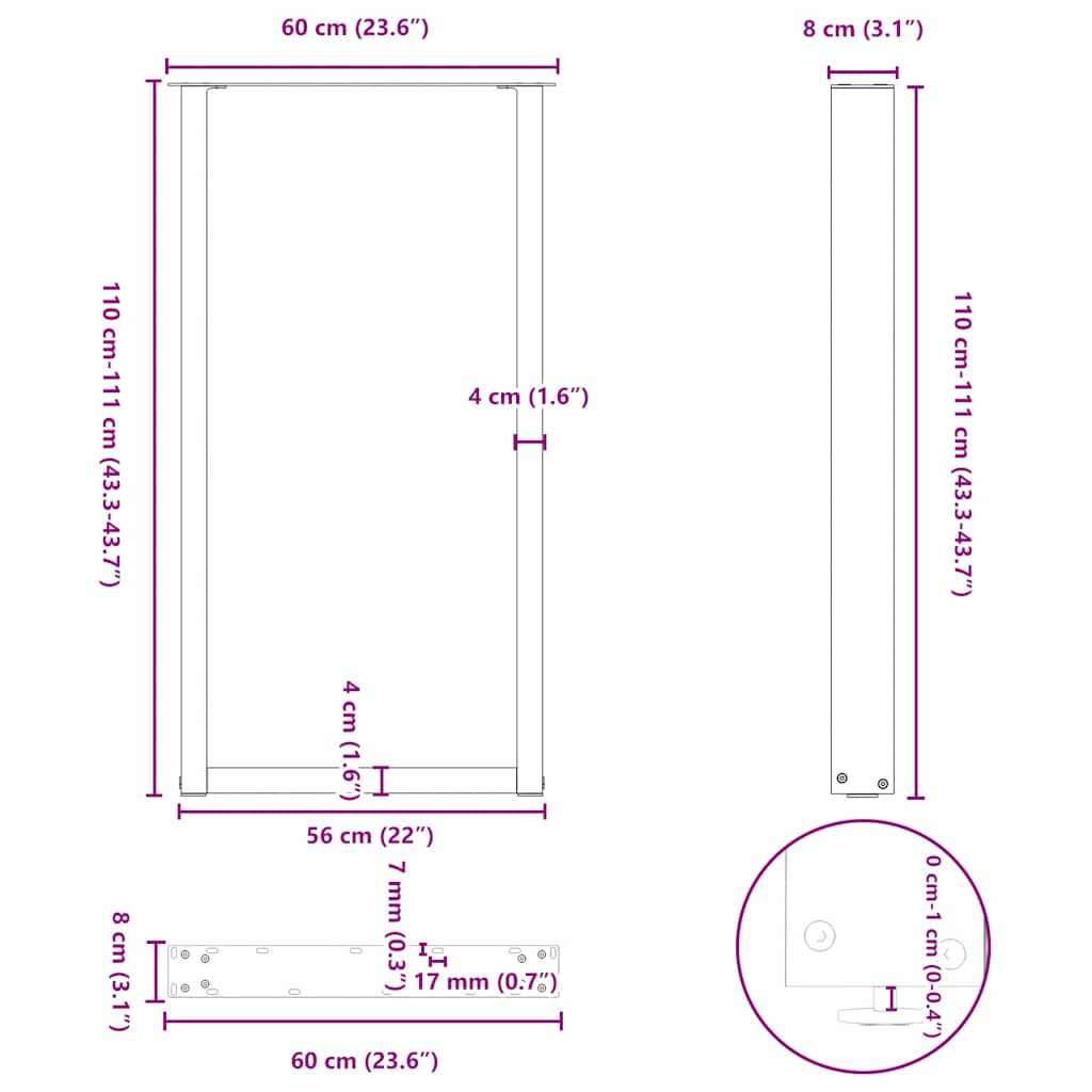 Salongbordben U-formet 2 stk svart 60x(110-111) cm stål