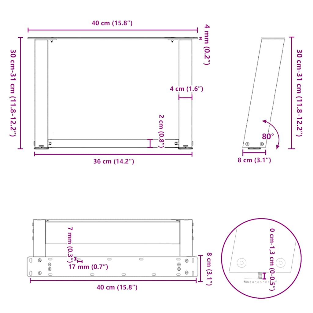 Salongbordben U-formet 2 stk svart 40x(30-31) cm stål