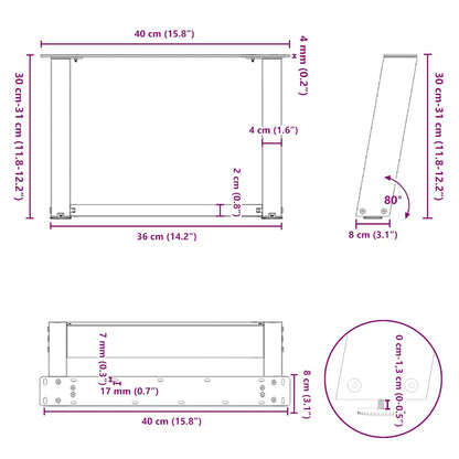 Salongbordben U-formet 2 stk svart 40x(30-31) cm stål