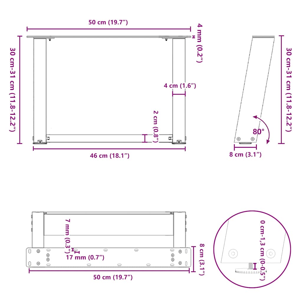 Salongbordben U-formet 2 stk svart 50x(30-31) cm stål