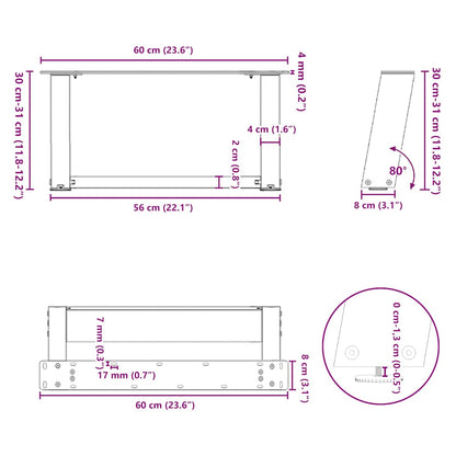 Salongbordben U-formet 2 stk svart 60x(30-31) cm stål