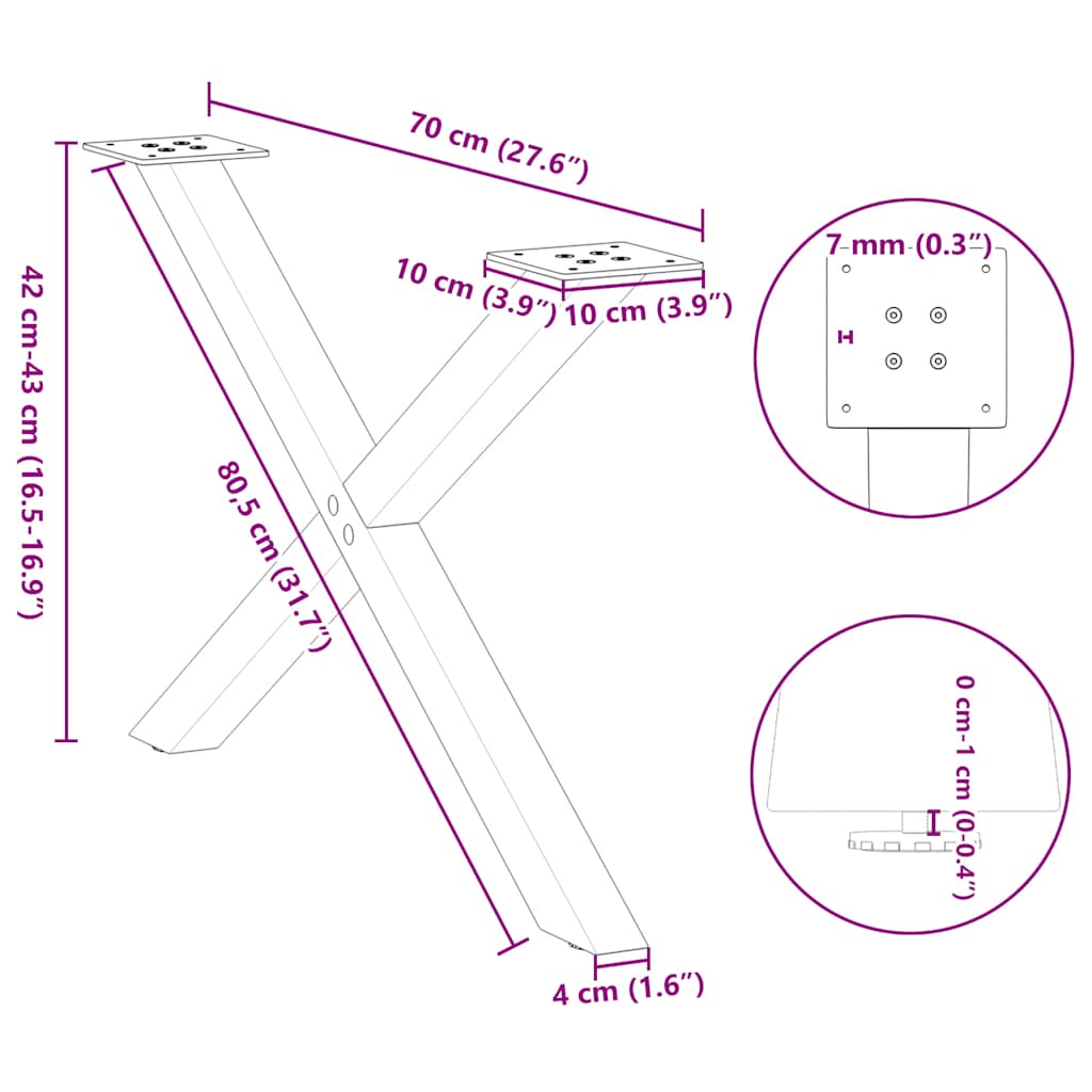 Salongbordben X-formet 2 stk hvit 70x(42-43) cm stål