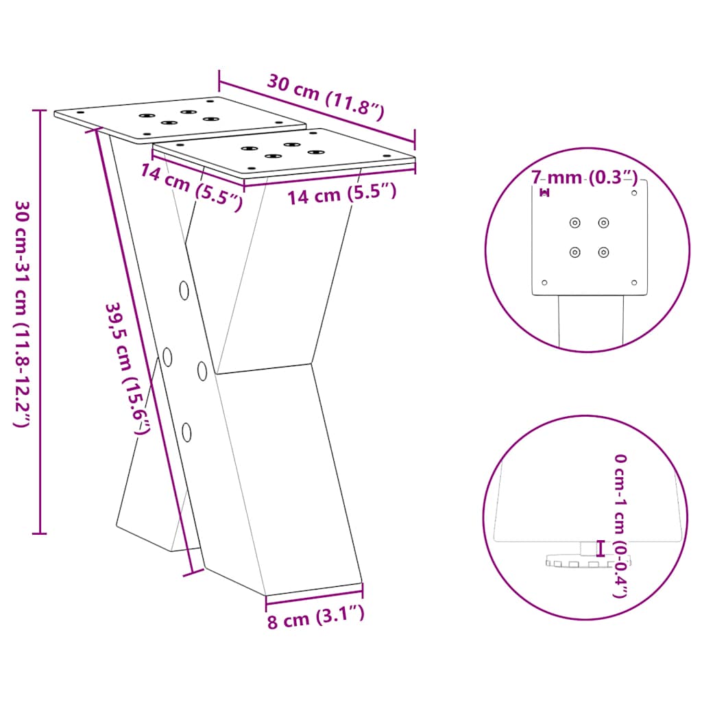 Salongbordben X-formet 2 stk svart 30x(30-31) cm stål