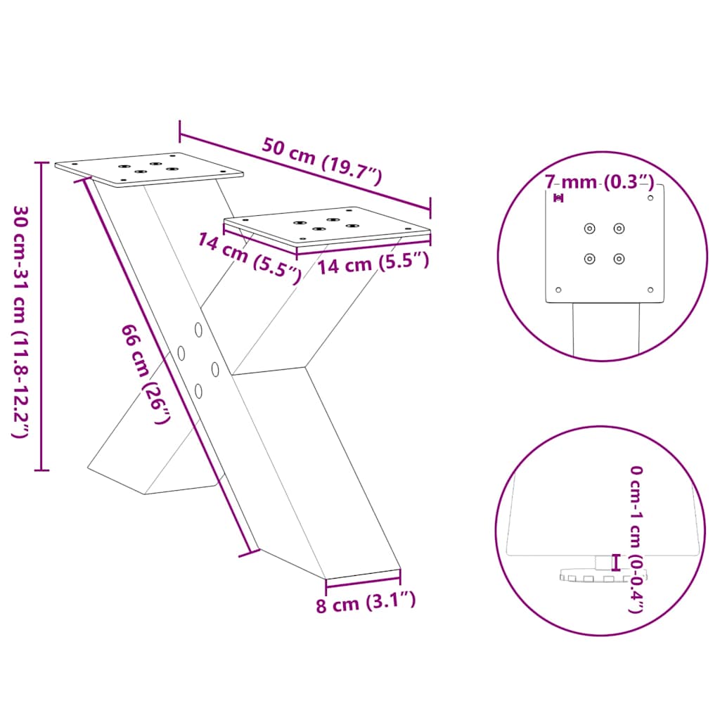 Salongbordben X-formet 2 stk svart 50x(30-31) cm stål