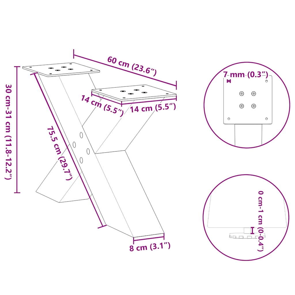 Salongbordben X-formet 2 stk hvit 60x(30-31) cm stål