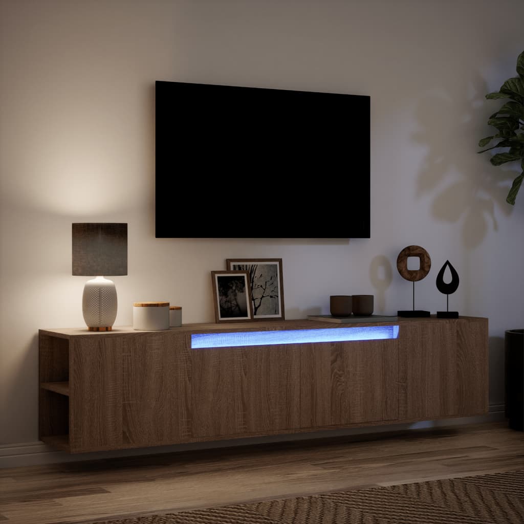 TV-benk Vegghengt med LED brun eik 180x31x39,5 cm