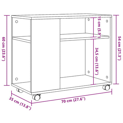 Sidebord med hjul hvit 70x35x60 cm konstruert tre