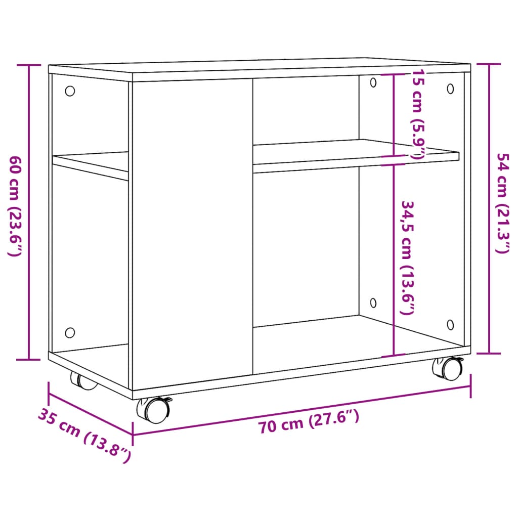 Sidebord med hjul svart 70x35x60 cm konstruert tre