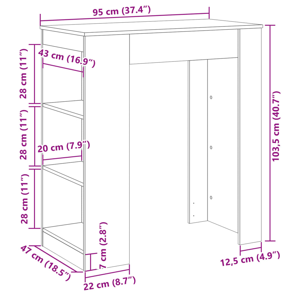 Barbord kafebord Bistrobord med stativer grå sonoma 95x47x103,5 cm konstruert tre