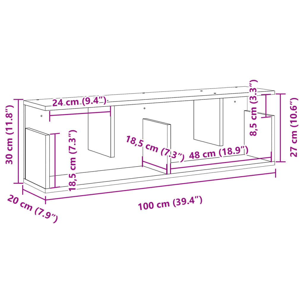 Vegghylle 100x20x30 cm røkt eik konstruert tre