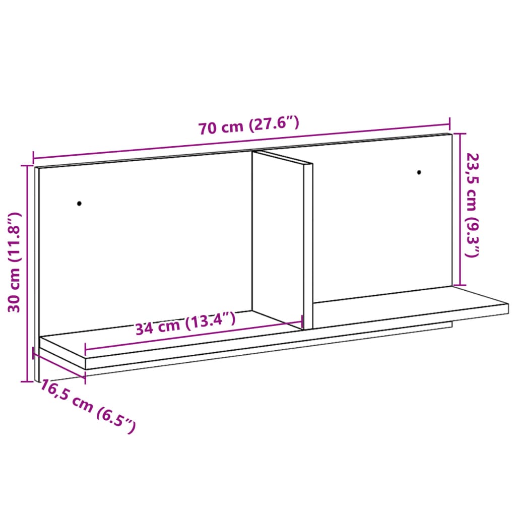 Vegghylle 70x16,5x30 cm betonggrå konstruert tre