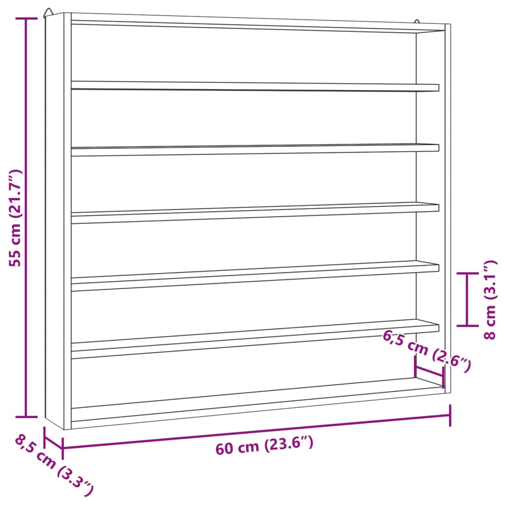 Vegghylle med 6 hyller 60x8,5x55 cm