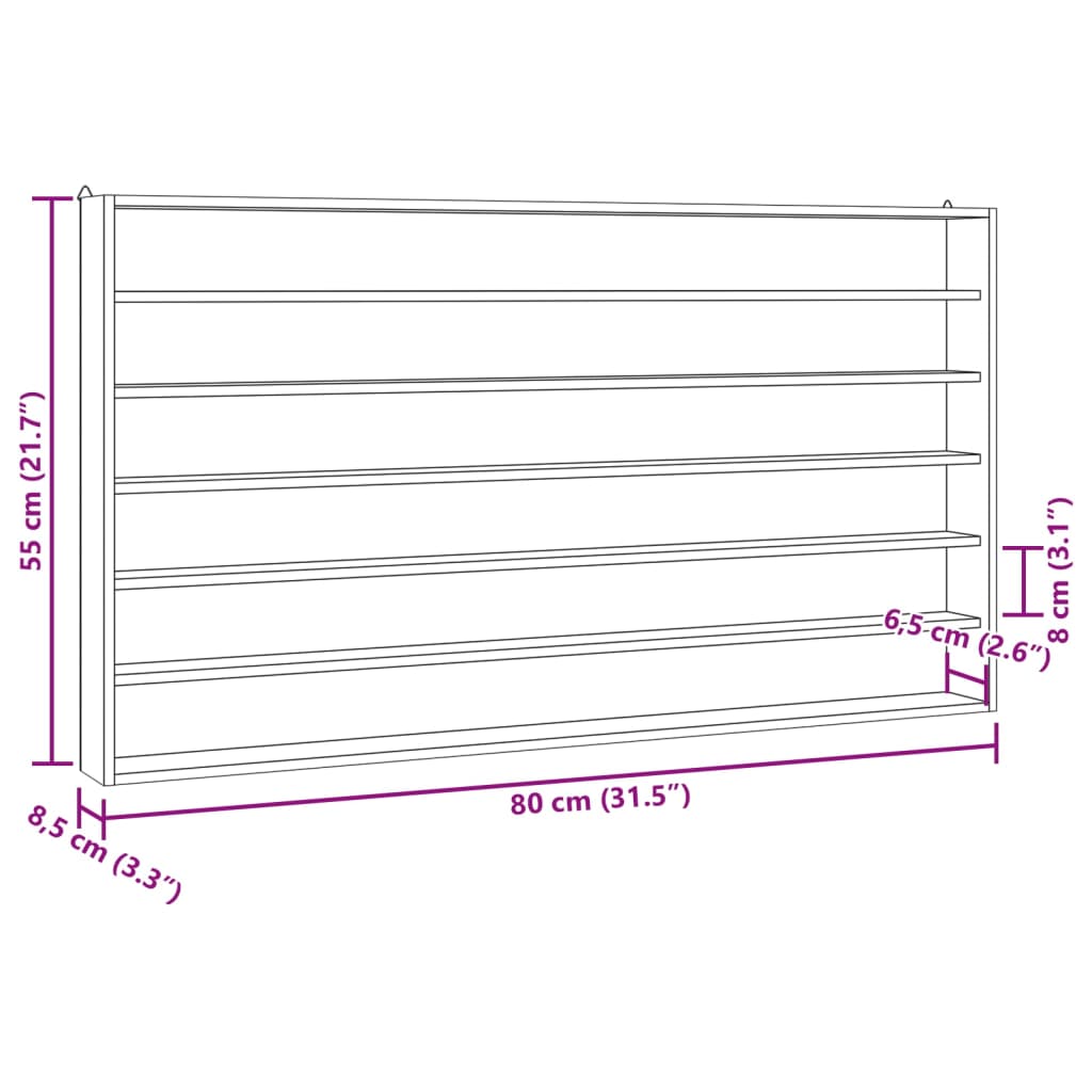 Vegghylle med 6 hyller 80x8,5x55 cm