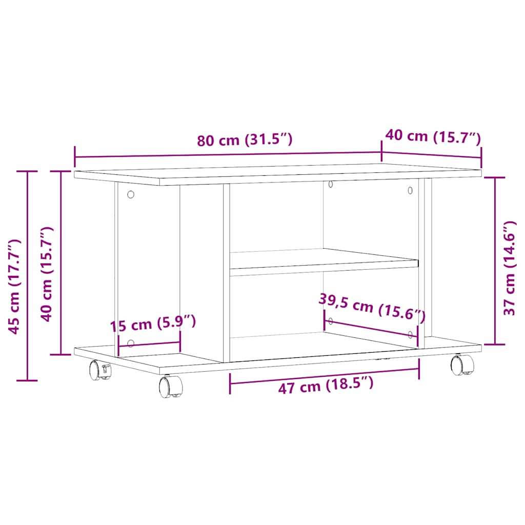 TV-benk med hjul gammelt tre 80x40x45 cm konstruert tre