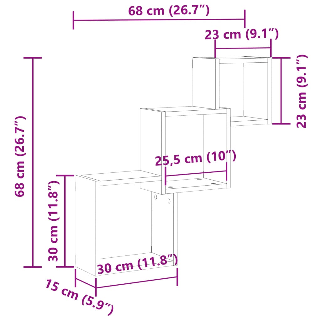 Vegghylle kubeformet gammelt tre 68x15x68 cm konstruert tre