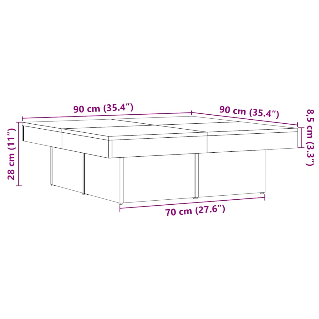 Salongbord gammelt tre 90x90x28 cm konstruert tre