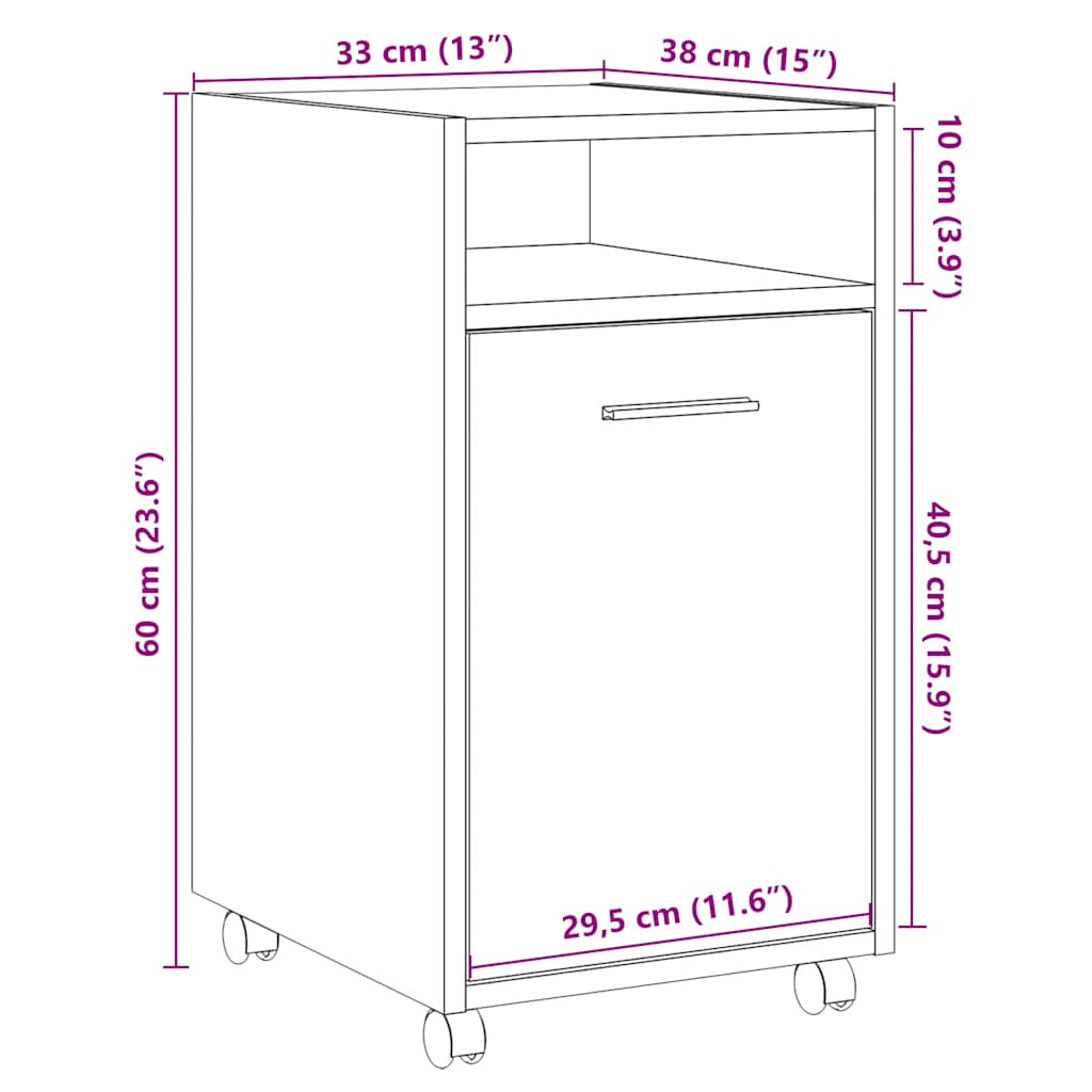 Skap med hjul artisan eik 33x38x60 cm konstruert tre