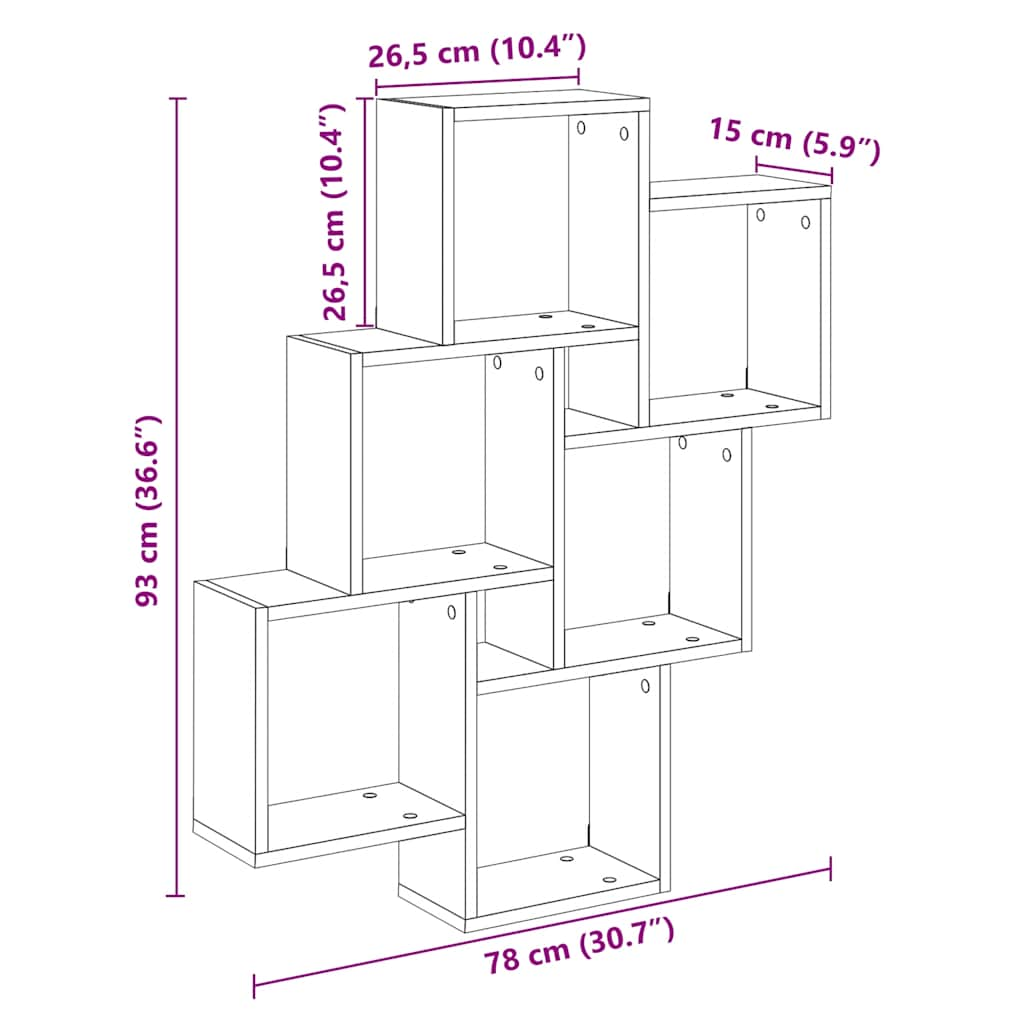 Vegghylle kubeformet gammelt tre 78x15x93 cm konstruert tre