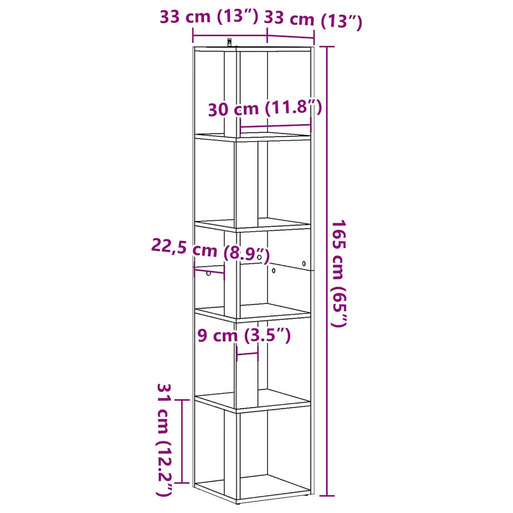 Hjørnehylle gammelt tre 33x33x165 cm konstruert tre