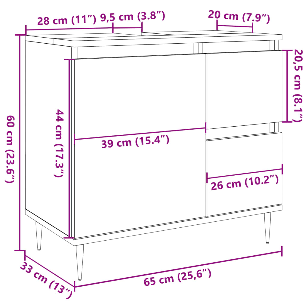 Baderomsskap betonggrå 65x33x60 cm konstruert tre