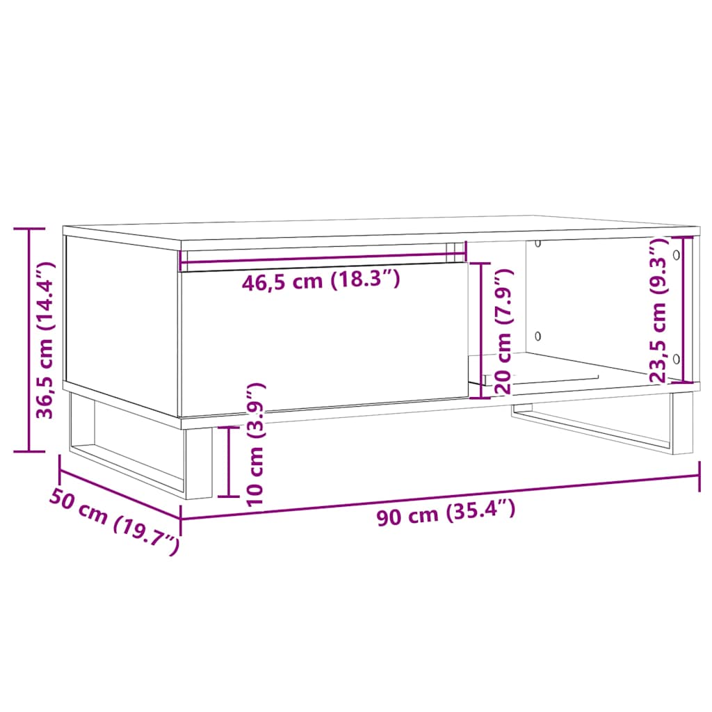 Salongbord gammelt tre 90x50x36,5 cm konstruert tre