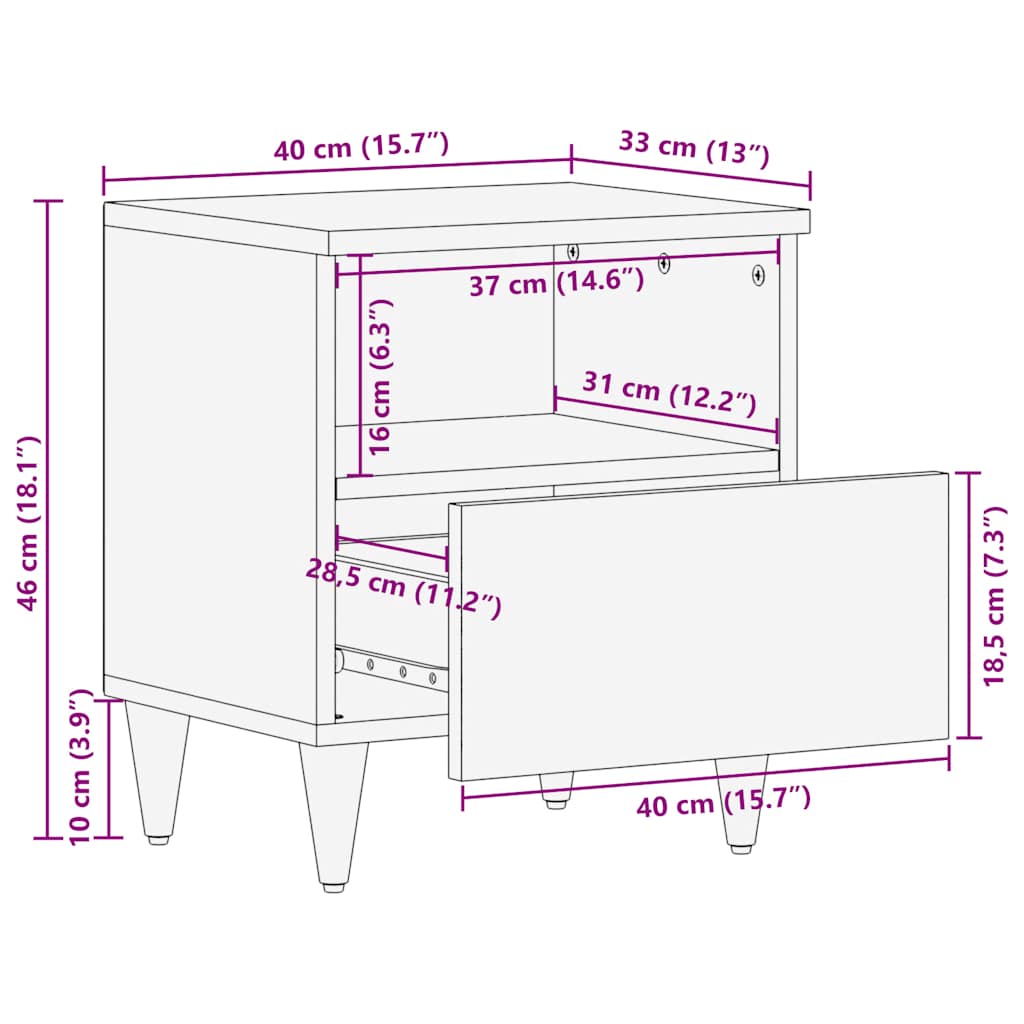 Nattbord 2 stk lysegrå 40x33x46 cm heltre mango