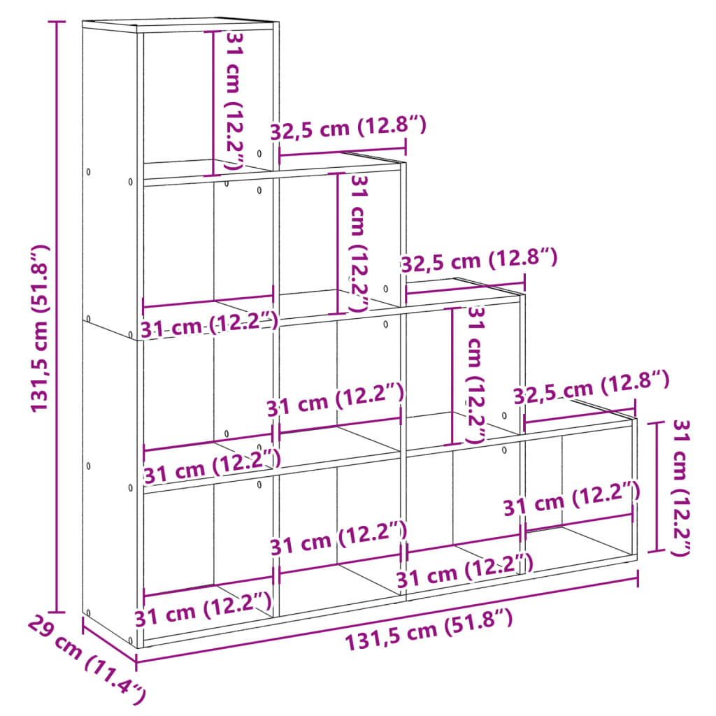 Bokhylle 4 etasjer hvit 131,5x29x131,5 cm konstruert tre